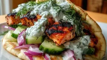 Juicy Grilled Salmon Gyros with Dill Yogurt Sauce