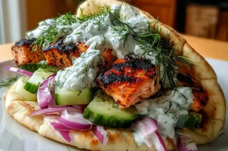 Juicy Grilled Salmon Gyros with Dill Yogurt Sauce