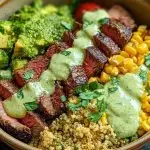 Steak Avocado Roasted Corn Bowl with Cilantro Cream Sauce