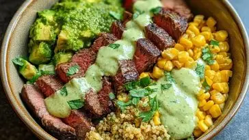 Steak Avocado Roasted Corn Bowl with Cilantro Cream Sauce