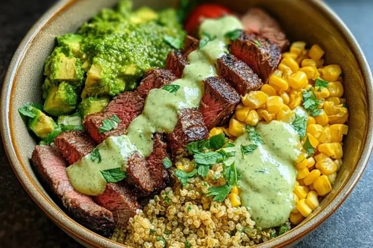 Steak Avocado Roasted Corn Bowl with Cilantro Cream Sauce