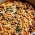 Ground Beef Orzo with Tomato Cream Sauce