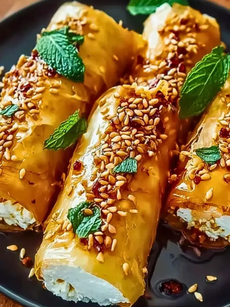 Oven Fried Feta Rolls with Chili Honey